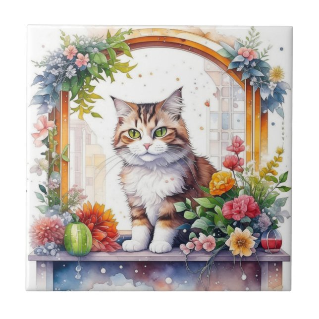 Carreau Cute Chat Whimsical en fenêtre de fleurs (Devant)