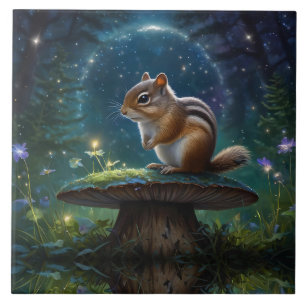 Carreau Cute Chipmunk sur Champignons au clair de lune