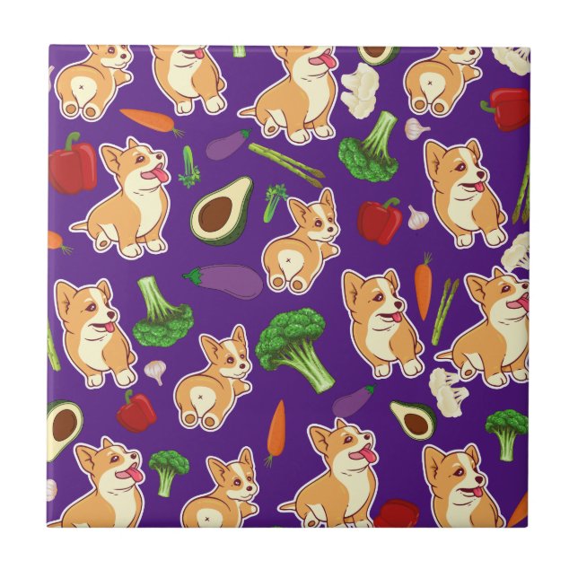 Carreau Cute Corgi and Vegetables Motif alimentaire (Devant)