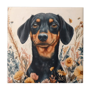 Carreau Cute Dachshund avec peinture Fleur sauvage