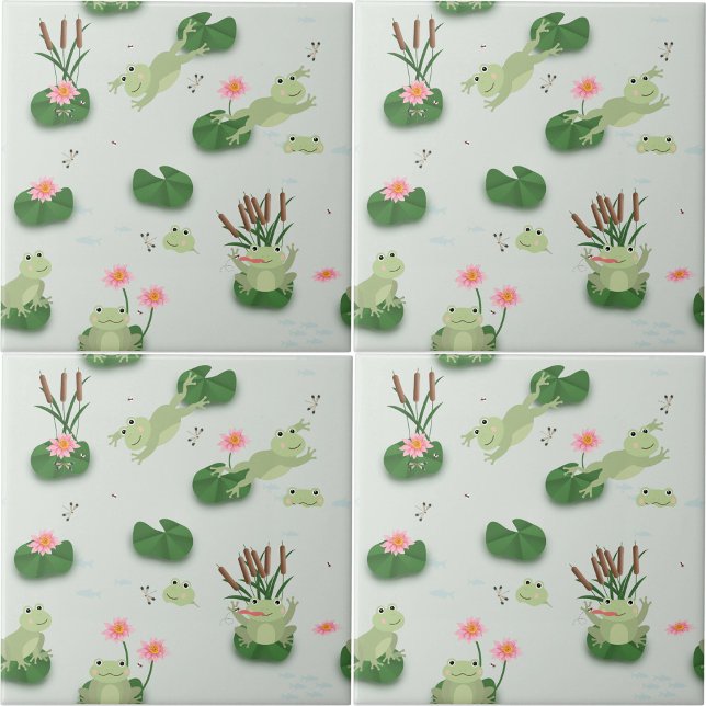 Carreau Cute Frogs in Lily Pond Nursery Gender Neutral (Cute Frogs in Lily Pond Nursery Gender Neutral Ceramic Tile)