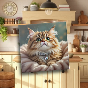 Carreau Cute Grey Fluffy Tabby Chat avec collier diamant