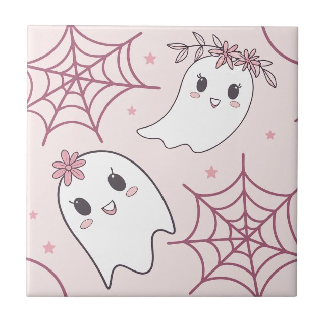 Carreau Cute Halloween Ghost & Spiderweb Motif (2) (Devant)