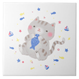Carreau Cute Kitty avec du poisson en été Illustration