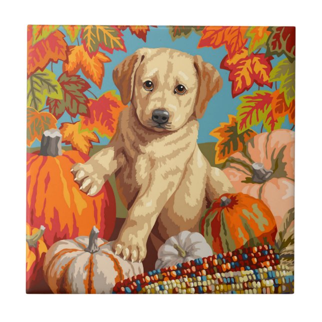 Carreau Cute Labrador Retriever Puppy récolte d'automne (Devant)
