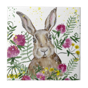 Carreau Cute lapin en fleurs d'aquarelle