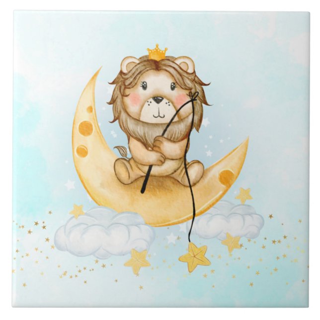 Carreau Cute Lion Pêche sur l'aquarelle de la lune (Devant)