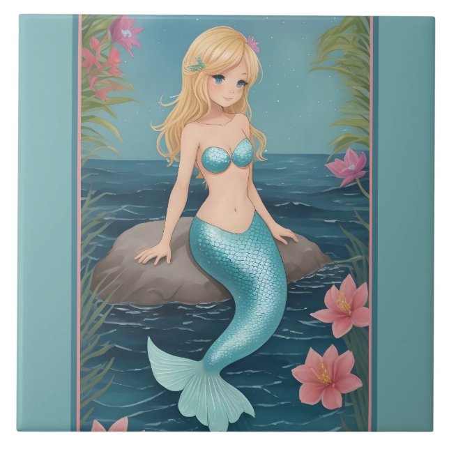 Carreau Cute Mermaid - Blonde Cartoon fille avec la queue  (Devant)
