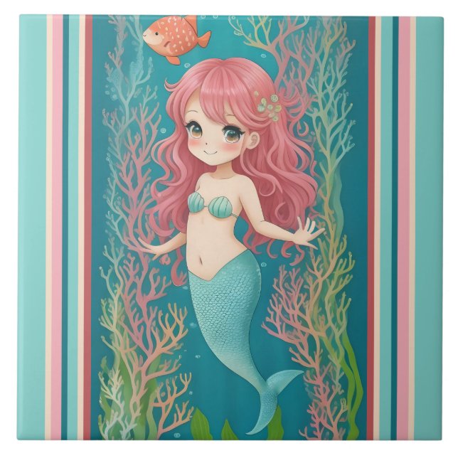 Carreau Cute Mermaid - Redhead Cartoon fille avec la queue (Devant)