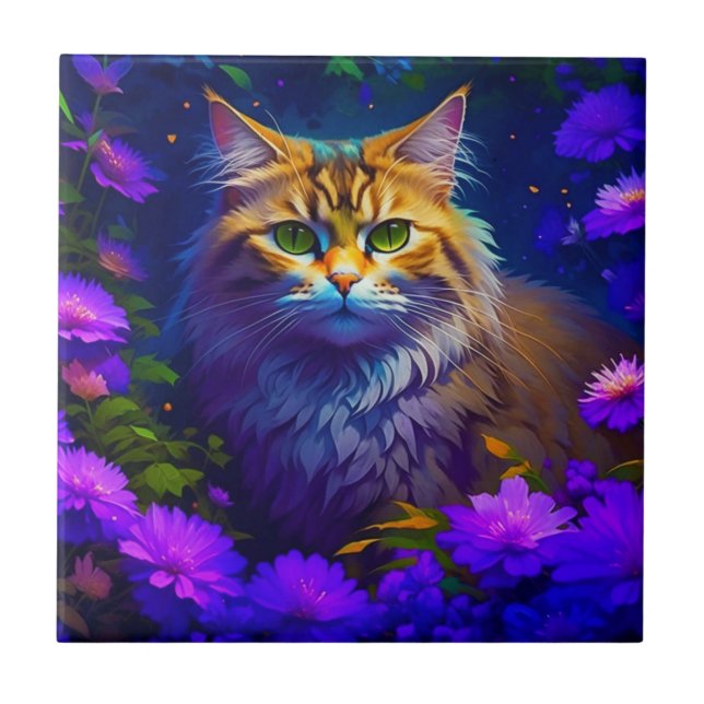 Carreau Cute Orange Kitty Chat en Fleurs (Devant)