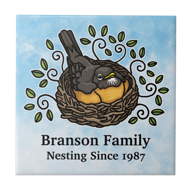 Carreau Cute Robin Nesting, Ajouter votre nom de famille e (Devant)