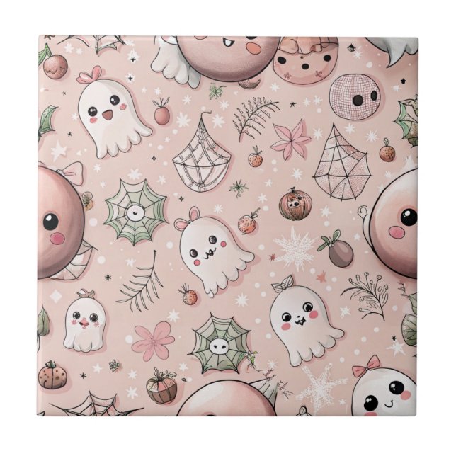 Carreau Cute rose Fantôme & Pastel Halloween sans couture (Devant)