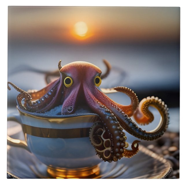 Carreau  Cute tiny octopus in a teacup at sunrise (Devant)