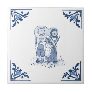 Carreau Cute Vintage garçon et fille Delft bleu et blanc