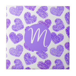 Carreau Cute violet Doodled Heart Saint Valentin Monogramm