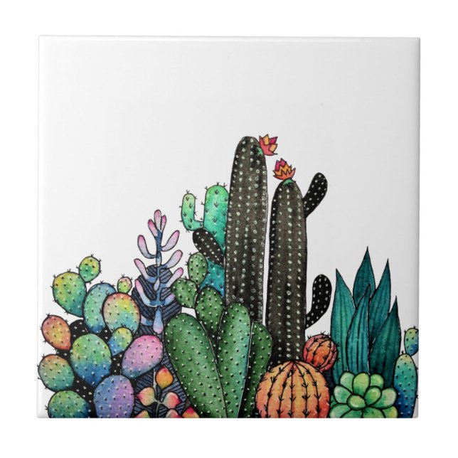 Carreau Cute Watercolor Cactus Garden (Devant)