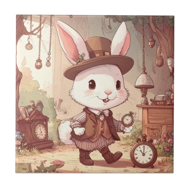 Carreau Cute White Rabbit Wonderland Whimsical Timekeeper (Devant)