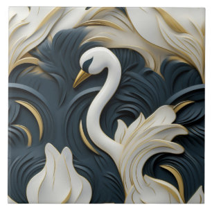 Carreau Cygne blanc avec effet de relief de feuillage bleu