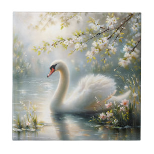 Carreau Cygne blanc sur le lac Floral peinture