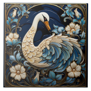 Carreau Cygne orné, bleu et blanc, oiseau et fleurs