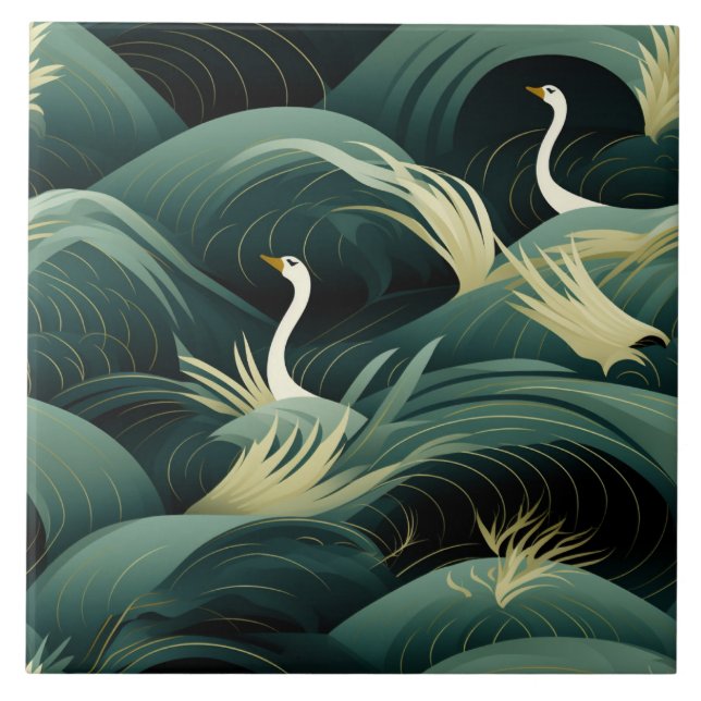 Carreau Cygnes dans des vagues, design moderne chic (Devant)