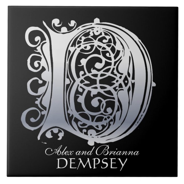 Carreau D Monogramme "Dentelle d'argent sur noir" avec Nom (Devant)