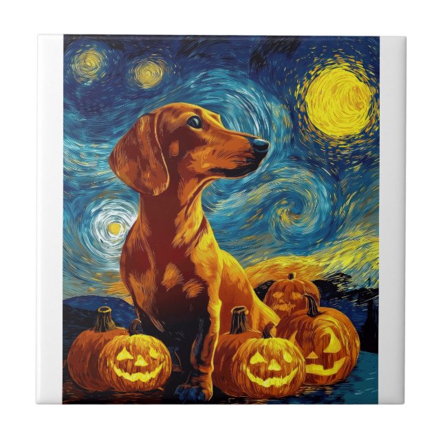 Carreau Dachshund rouge de la nuit étoilée de Van Gogh Hal (Devant)