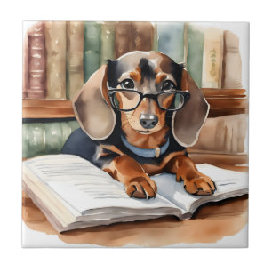 Carreau Dachshund Watercolor de la bibliothèque vintage