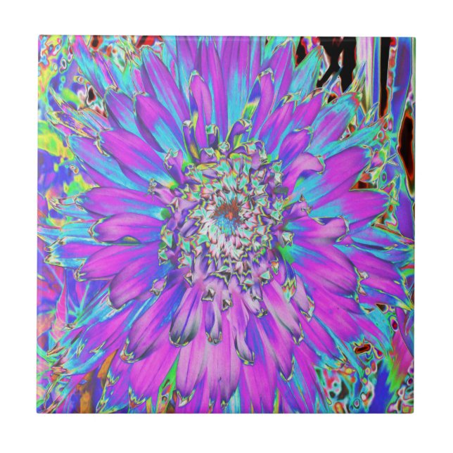 Carreau Dahlia Abstrait Tripant Aqua, Vert Citron et Viole (Devant)