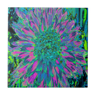 Carreau Dahlia magenta psychédélique, aqua et vert citron