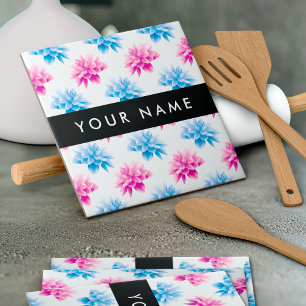 Carreau Dahlia rose et bleu, motif floral, Votre nom