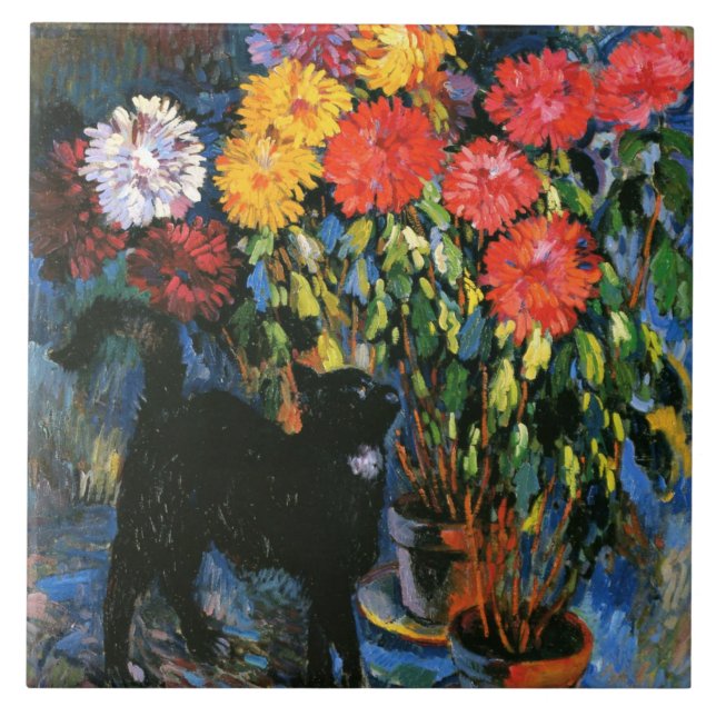 Carreau Dahlias et Chat noir, peinture d'art, (Devant)