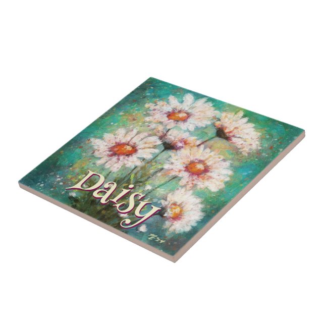 Carreau Daisies Floral Impressionniste Sarcelle Personnali (Côté)