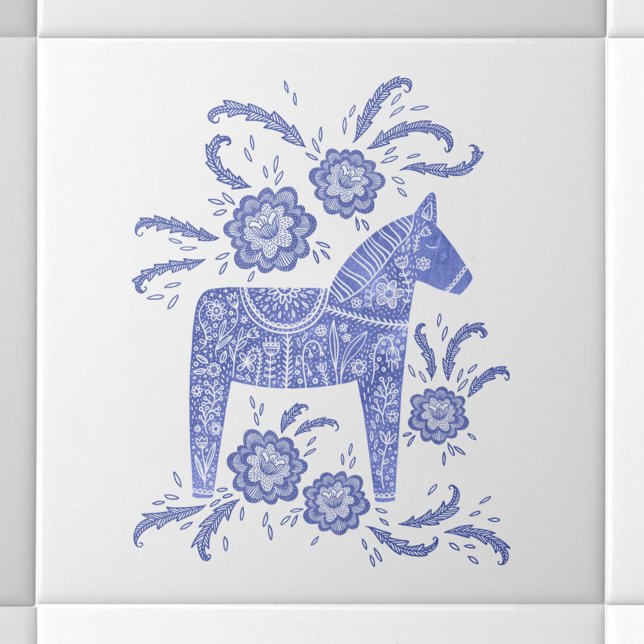Carreau Dala suédoise Horse Bleu et Blanc Carrelage en cér (Swedish Dala Horse blue and white art ceramic tile)