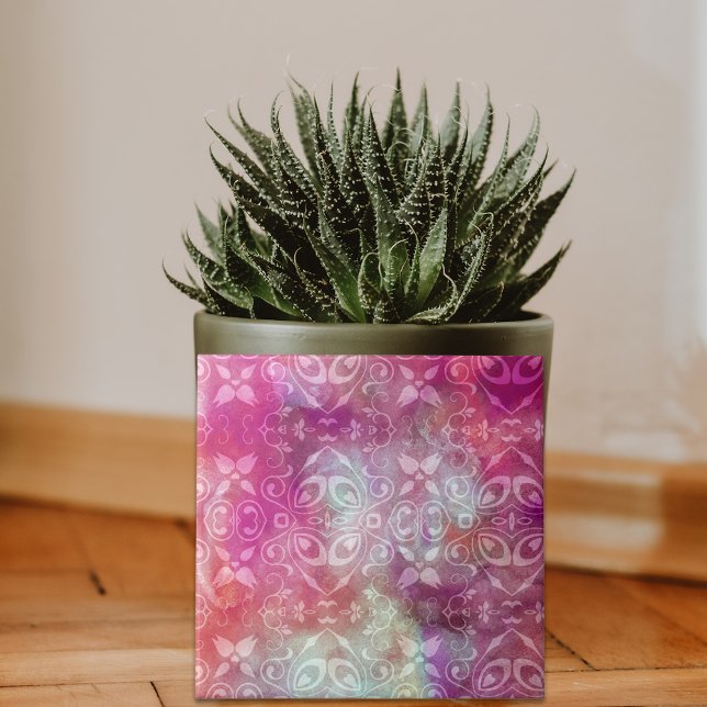 Carreau Damas blanc Vintage dégradés sur Aquarelle rose (Créateur téléchargé)