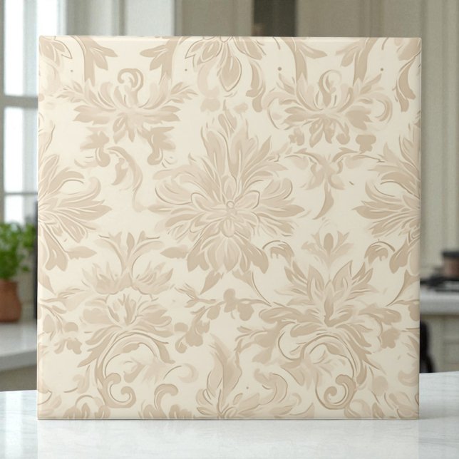 Carreau Damas Floral Simple Élégant Beige Doux (Créateur téléchargé)