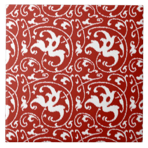 Carreau Damas florales d'Ikat - Rouge et blanc foncé