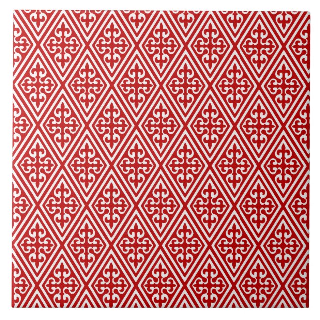 Carreau Damas médiéval Fleur de lis, rouge et blanc (Devant)
