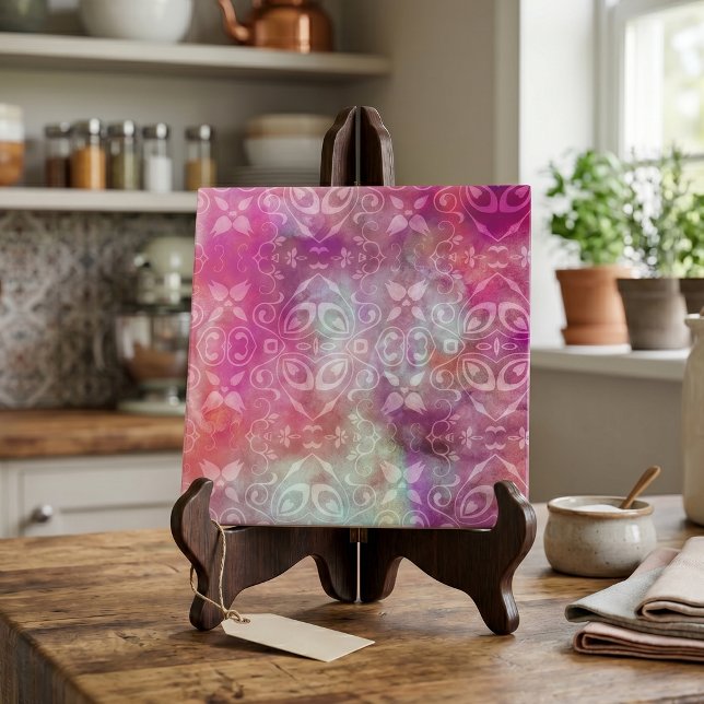 Carreau Damassé blanc délavé Boho rose violet aquarelle (Créateur téléchargé)