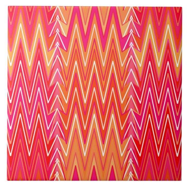 Carreau Damassé Chevron Ethnique, Orange Corail et Rose (Devant)