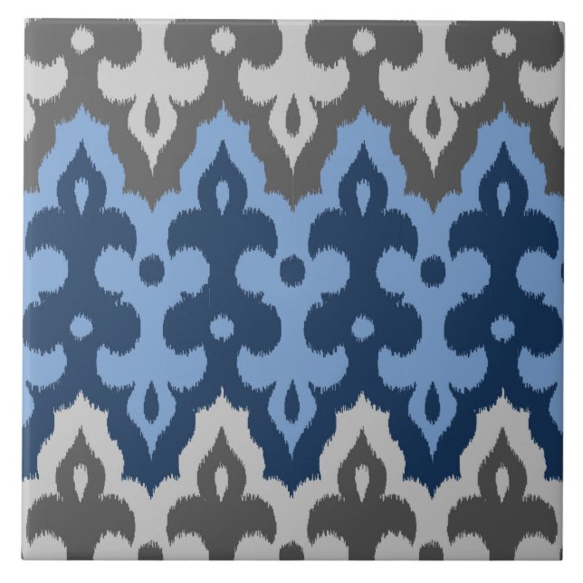Carreau Damassé d'Ikat de Marocain, bleu et gris/gris (Devant)