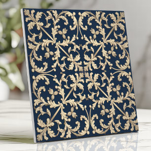 Carreau Damassé Vintage à Motif Botanique et Volutes Bleu