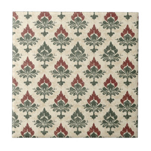 Carreau Damassé vintage texturé rouge vert beige