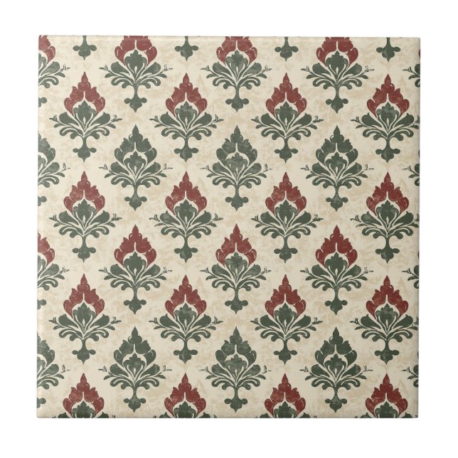 Carreau Damassé vintage texturé rouge vert beige (Devant)