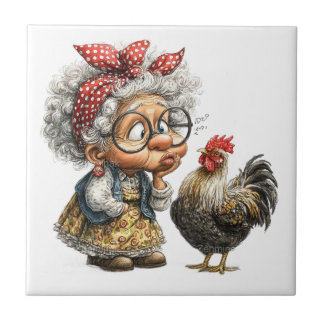 Carreau Dame âgée avec un coq