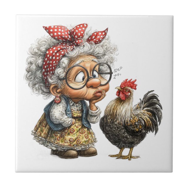 Carreau Dame âgée avec un coq (Devant)