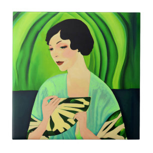 Carreau Dame Art déco avec ventilateur en Jade Green