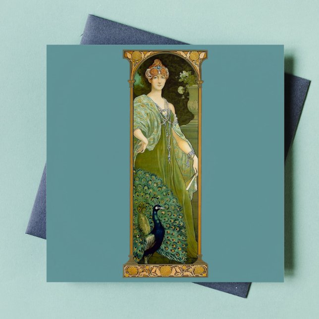 Carreau Dame Art Nouveau & Illustration Vintage de Paon  (Créateur téléchargé)