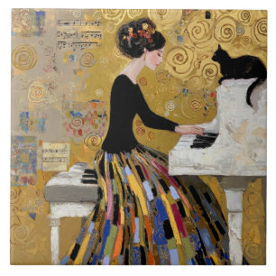 Carreau Dame au piano de Klimt en or avec chat noir