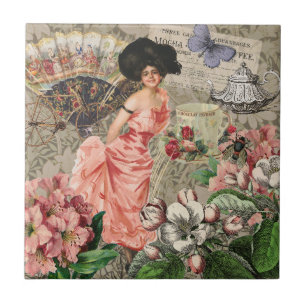 Carreau Dame de café femme victorienne rose riche robe